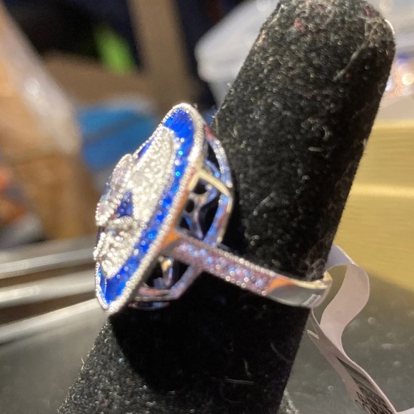 Sapphire and CZ Rhodium Over 925 Sz 5 Ring - Picture 9 of 11